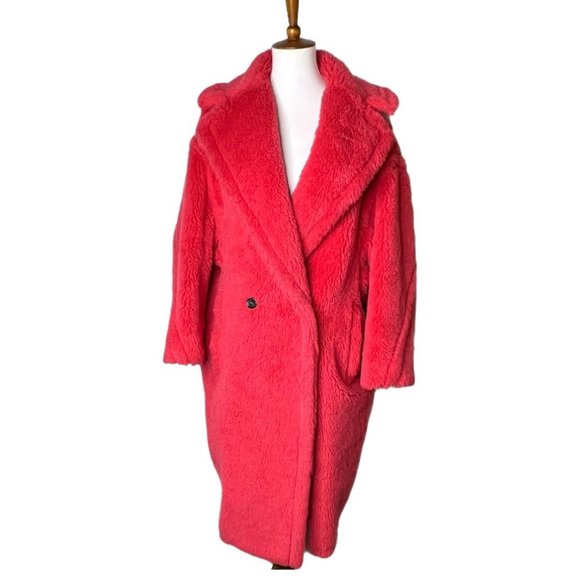 MAX MARA Teddy Bear Icon Coral Red Tedgirl Faux Fur Coat Size S - Picture 7 of 14